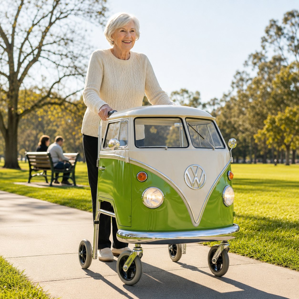 Retro-style walking aid: A retro-style walking aid with a built-in seat.