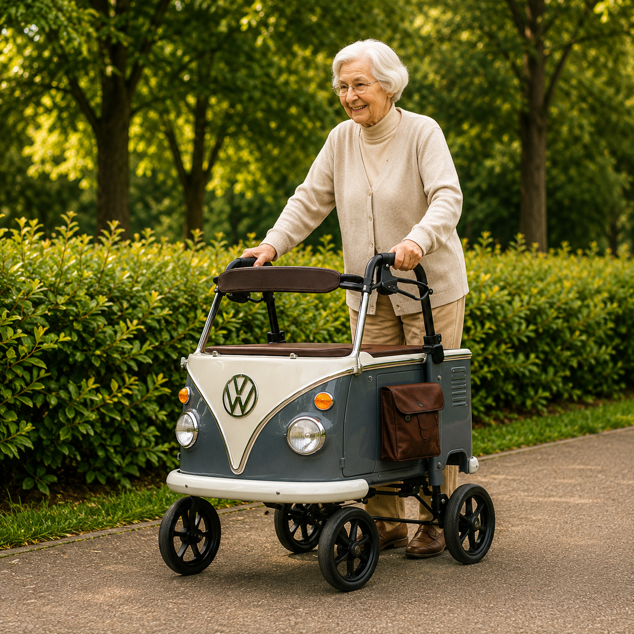 Retro-style walking aid: A retro-style walking aid with a built-in seat.