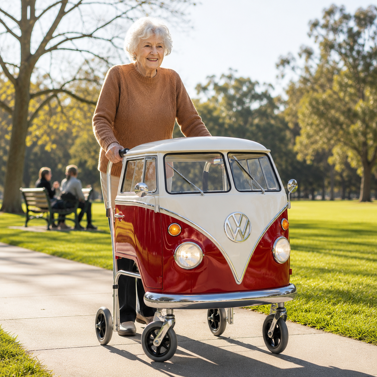 Retro-style walking aid: A retro-style walking aid with a built-in seat.