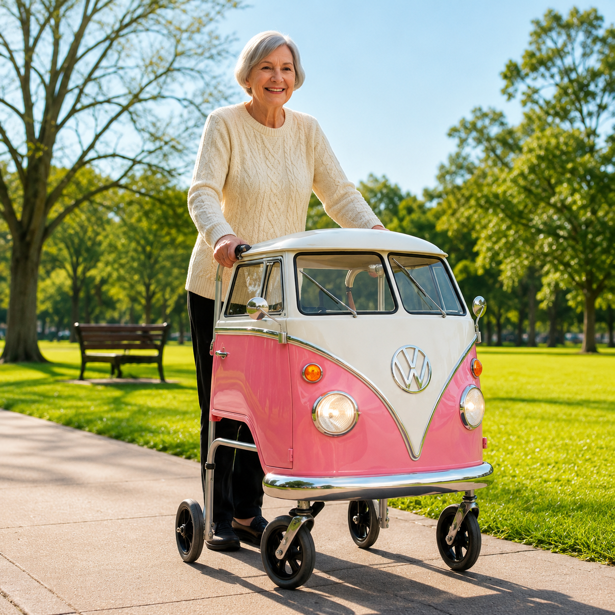 Retro-style walking aid: A retro-style walking aid with a built-in seat.