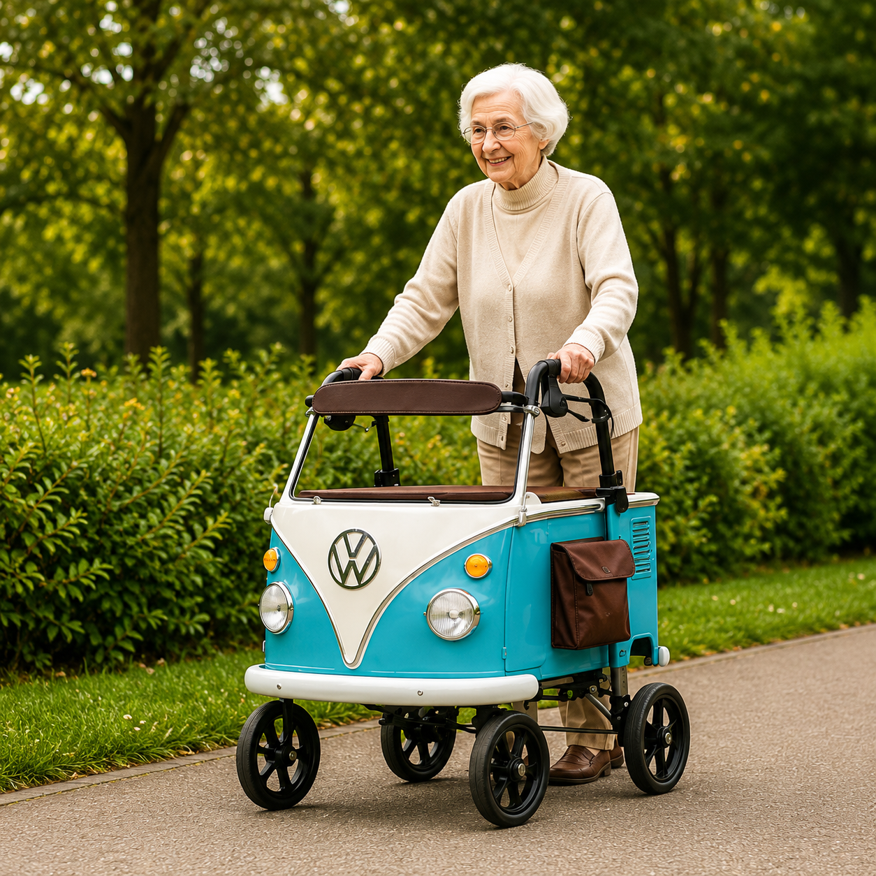 Retro-style walking aid: A retro-style walking aid with a built-in seat.